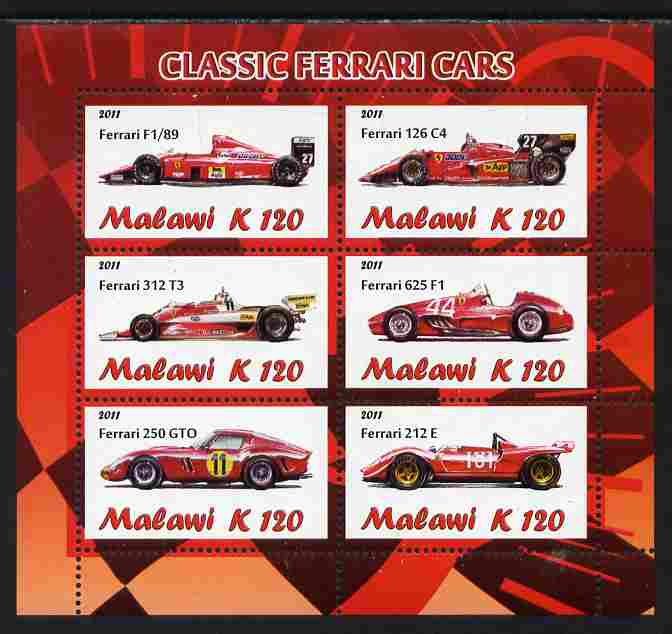 Malawi 2011 Classic Ferrari perf sheetlet containing 6 values unmounted mint, stamps on , stamps on  stamps on cars, stamps on  stamps on ferrari