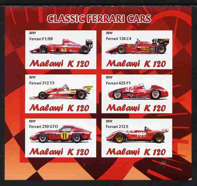 Malawi 2011 Classic Ferrari imperf sheetlet containing 6 values unmounted mint, stamps on cars, stamps on ferrari