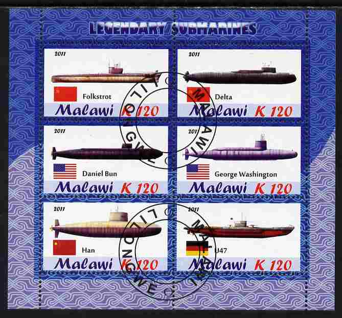 Malawi 2011 Famous Submarines perf sheetlet containing 6 values cto used, stamps on ships, stamps on submarines