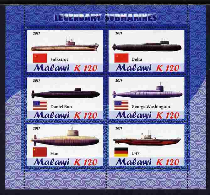 Malawi 2011 Famous Submarines perf sheetlet containing 6 values unmounted mint, stamps on , stamps on  stamps on ships, stamps on  stamps on submarines