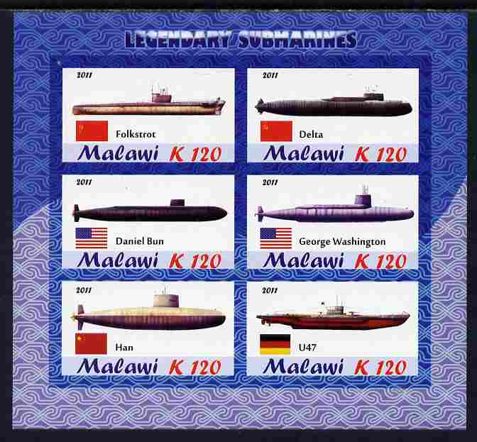 Malawi 2011 Famous Submarines imperf sheetlet containing 6 values unmounted mint, stamps on , stamps on  stamps on ships, stamps on  stamps on submarines