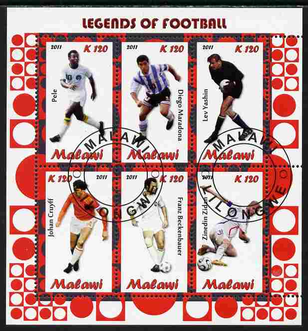 Malawi 2011 Legends of Football perf sheetlet containing 6 values cto used, stamps on personalities, stamps on football