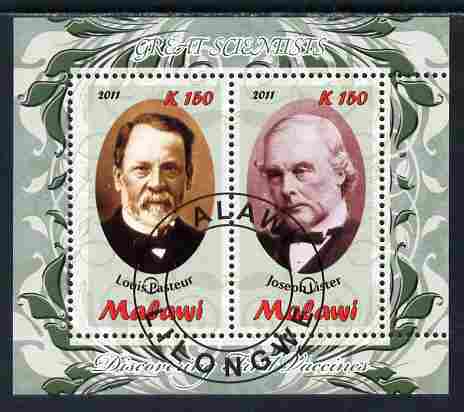 Malawi 2011 Scientists - Pasteur & Lister perf sheetlet containing 2 values cto used, stamps on personalities, stamps on science, stamps on medical