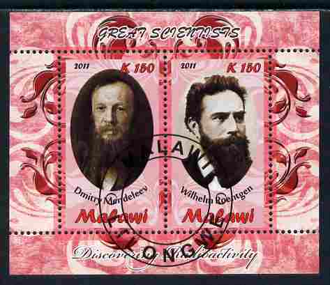 Malawi 2011 Scientists - Mendeleev & Roentgen perf sheetlet containing 2 values cto used, stamps on , stamps on  stamps on personalities, stamps on  stamps on science, stamps on  stamps on physics
