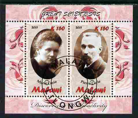 Malawi 2011 Scientists - Marie & Pierre Curie perf sheetlet containing 2 values cto used, stamps on personalities, stamps on science, stamps on physics, stamps on curie, stamps on nobel