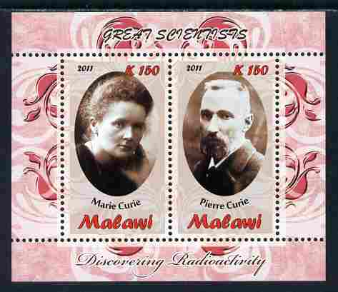 Malawi 2011 Scientists - Marie & Pierre Curie perf sheetlet containing 2 values unmounted mint, stamps on , stamps on  stamps on personalities, stamps on  stamps on science, stamps on  stamps on physics, stamps on  stamps on curie, stamps on  stamps on nobel