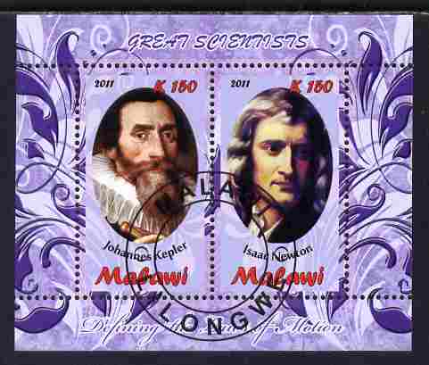 Malawi 2011 Scientists - Kepler & Newton perf sheetlet containing 2 values cto used, stamps on personalities, stamps on science, stamps on physics, stamps on astronomy, stamps on 