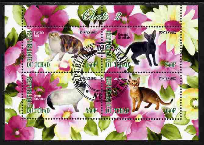 Chad 2012 Domestic Cats #2 perf sheetlet containing 4 values cto used, stamps on cats