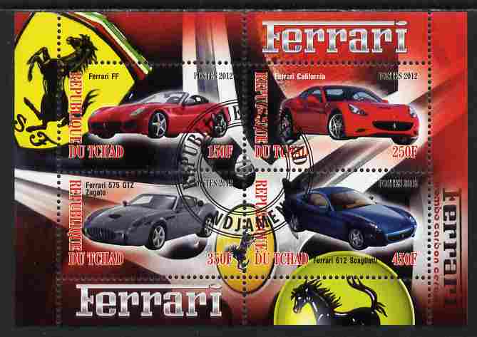 Chad 2012 Ferrari #1 perf sheetlet containing 4 values cto used, stamps on cars, stamps on ferrari