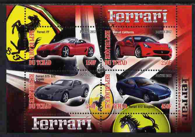 Chad 2012 Ferrari #1 perf sheetlet containing 4 values unmounted mint, stamps on , stamps on  stamps on cars, stamps on  stamps on ferrari