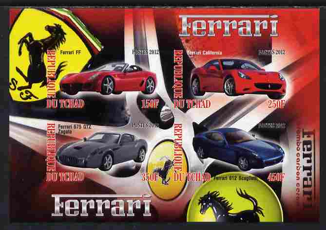 Chad 2012 Ferrari #1 imperf sheetlet containing 4 values unmounted mint, stamps on , stamps on  stamps on cars, stamps on  stamps on ferrari