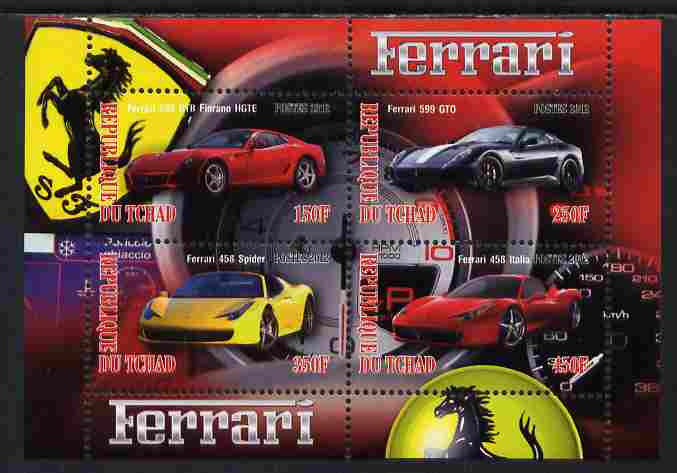 Chad 2012 Ferrari #2 perf sheetlet containing 4 values unmounted mint, stamps on cars, stamps on ferrari