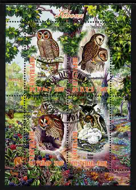 Chad 2012 Owls perf sheetlet containing 4 values cto used, stamps on , stamps on  stamps on birds, stamps on  stamps on birds of prey, stamps on  stamps on owls