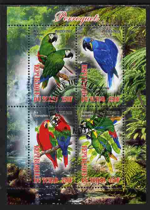Chad 2012 Parrots perf sheetlet containing 4 values cto used, stamps on birds, stamps on parrots