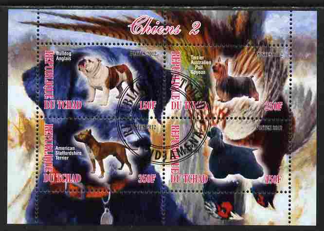 Chad 2012 Dogs #2 perf sheetlet containing 4 values cto used, stamps on , stamps on  stamps on dogs