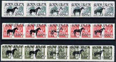 Karjala Republic - Horses opt set of 15 values, each design opt'd on  pair of Russian defs (total 30 stamps) unmounted mint, stamps on animals   horses