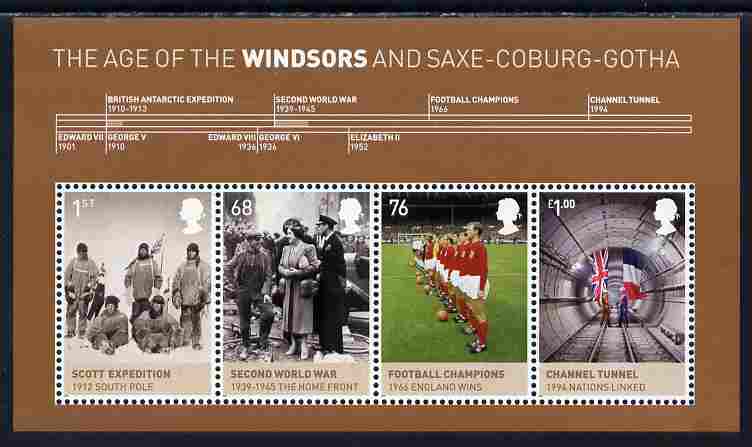 Great Britain 2012 The Age of the Windsors perf m/sheet unmounted mint , stamps on , stamps on  stamps on royalty, stamps on  stamps on explorers, stamps on  stamps on polar, stamps on  stamps on  ww2 , stamps on  stamps on football, stamps on  stamps on tunnels, stamps on  stamps on railways, stamps on  stamps on civil engineering