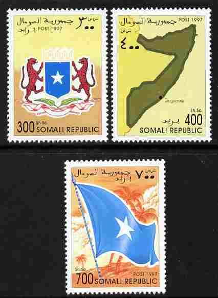 Somalia 1997 Pictorials perf set of 3 unmounted mint, stamps on , stamps on  stamps on maps, stamps on  stamps on flags, stamps on  stamps on arms, stamps on  stamps on heraldry