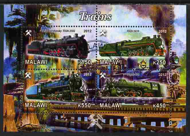 Malawi 2012 Steam Locomotives #01 perf sheetlet containing 4 values cto used, stamps on railways