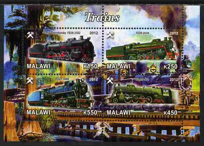 Malawi 2012 Steam Locomotives #01 perf sheetlet containing 4 values unmounted mint, stamps on , stamps on  stamps on railways