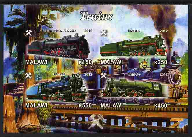 Malawi 2012 Steam Locomotives #01 imperf sheetlet containing 4 values unmounted mint, stamps on , stamps on  stamps on railways