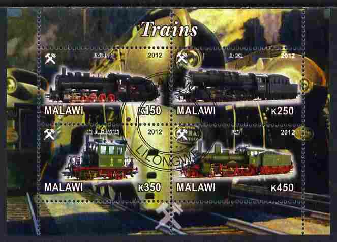 Malawi 2012 Steam Locomotives #02 perf sheetlet containing 4 values cto used, stamps on railways