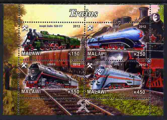 Malawi 2012 Steam Locomotives #03 perf sheetlet containing 4 values cto used, stamps on , stamps on  stamps on railways