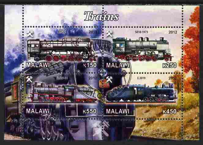 Malawi 2012 Steam Locomotives #04 perf sheetlet containing 4 values cto used, stamps on railways