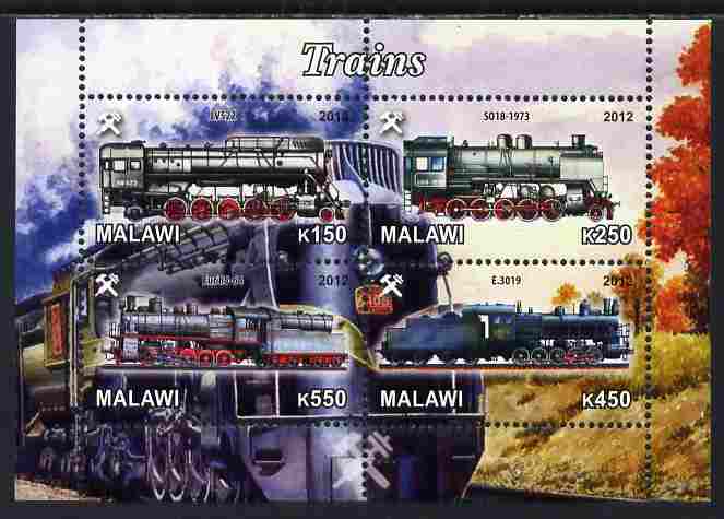 Malawi 2012 Steam Locomotives #04 perf sheetlet containing 4 values unmounted mint, stamps on , stamps on  stamps on railways