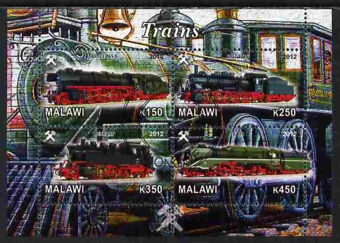 Malawi 2012 Steam Locomotives #06 perf sheetlet containing 4 values cto used, stamps on railways