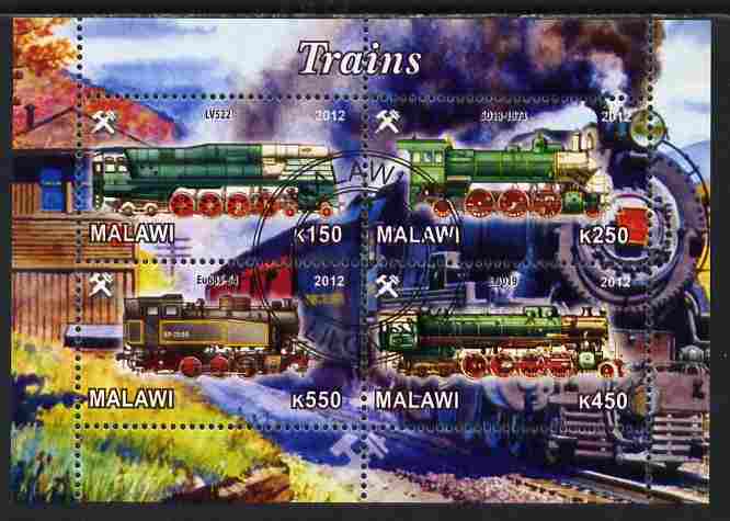 Malawi 2012 Steam Locomotives #07 perf sheetlet containing 4 values cto used, stamps on railways