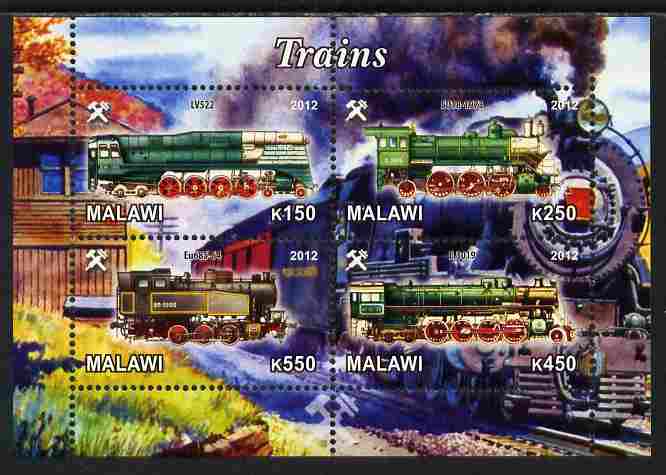 Malawi 2012 Steam Locomotives #07 perf sheetlet containing 4 values unmounted mint, stamps on , stamps on  stamps on railways