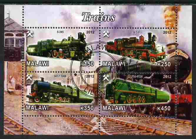 Malawi 2012 Steam Locomotives #08 perf sheetlet containing 4 values cto used, stamps on railways