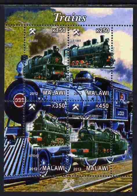 Malawi 2012 Steam Locomotives #09 perf sheetlet containing 4 values cto used, stamps on railways