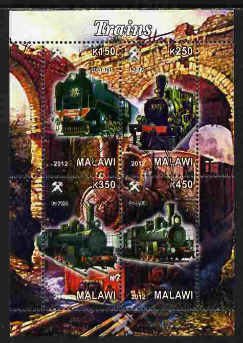 Malawi 2012 Steam Locomotives #10 perf sheetlet containing 4 values cto used, stamps on , stamps on  stamps on railways