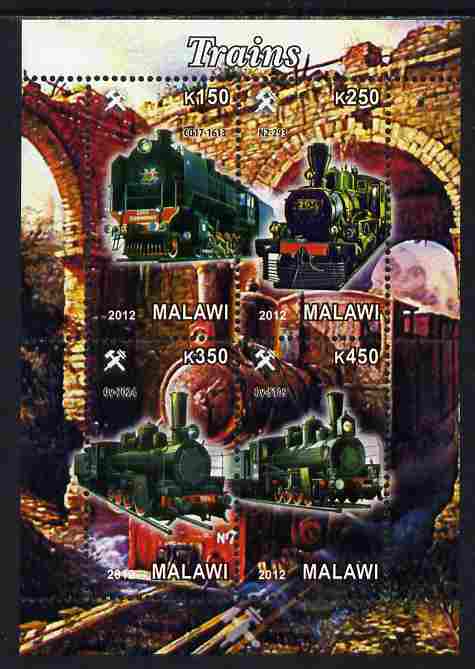 Malawi 2012 Steam Locomotives #10 perf sheetlet containing 4 values unmounted mint, stamps on railways