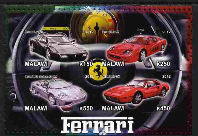 Malawi 2012 Ferrari Cars #01 imperf sheetlet containing 4 values unmounted mint, stamps on cars, stamps on ferrari