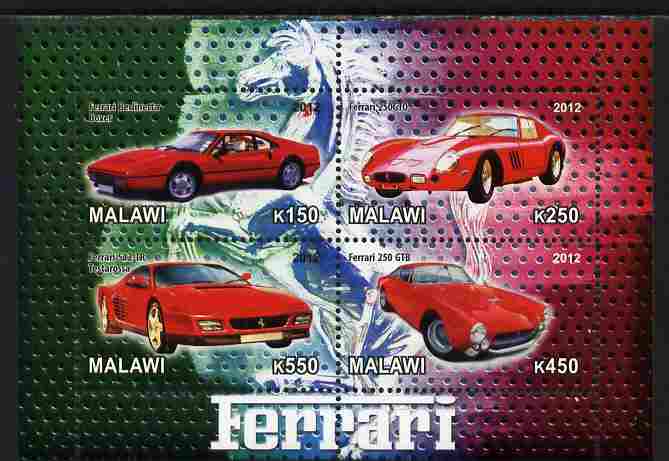 Malawi 2012 Ferrari Cars #02 perf sheetlet containing 4 values unmounted mint, stamps on , stamps on  stamps on cars, stamps on  stamps on ferrari