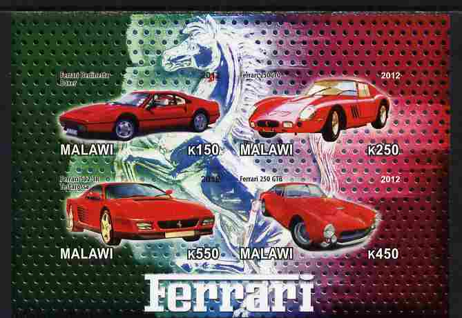 Malawi 2012 Ferrari Cars #02 imperf sheetlet containing 4 values unmounted mint, stamps on cars, stamps on ferrari