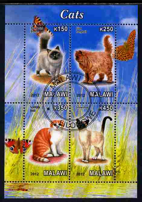 Malawi 2012 Domestic Cats perf sheetlet containing 4 values cto used, stamps on , stamps on  stamps on cats