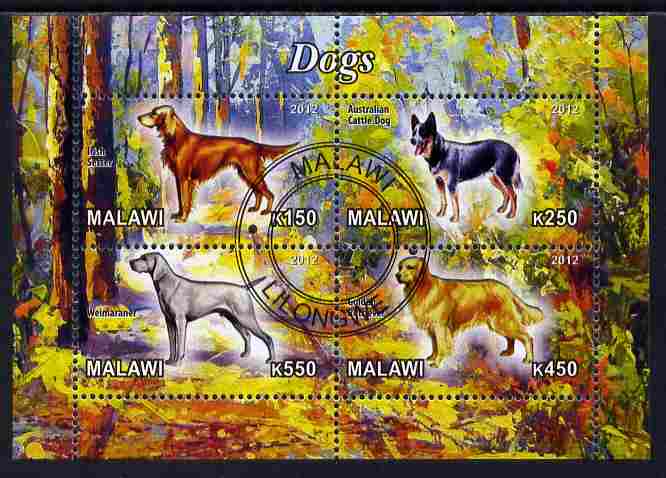 Malawi 2012 Dogs #1 perf sheetlet containing 4 values cto used, stamps on dogs