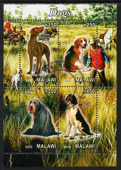 Malawi 2012 Dogs #2 perf sheetlet containing 4 values cto used, stamps on , stamps on  stamps on dogs