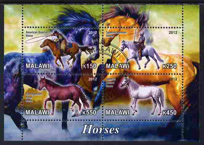 Malawi 2012 Horses #1 perf sheetlet containing 4 values cto used, stamps on horses, stamps on wild west