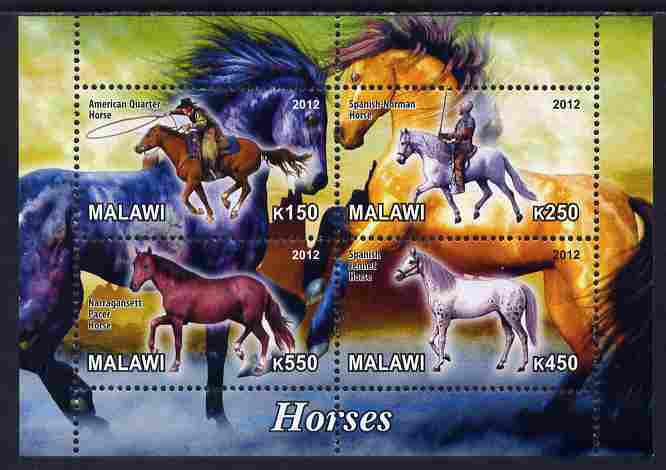 Malawi 2012 Horses #1 perf sheetlet containing 4 values unmounted mint, stamps on , stamps on  stamps on horses, stamps on  stamps on wild west