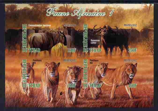 Chad 2012 African Fauna #01 imperf sheetlet containing 4 values unmounted mint, stamps on , stamps on  stamps on animals, stamps on  stamps on cats, stamps on  stamps on lions, stamps on  stamps on buffalo, stamps on  stamps on bison, stamps on  stamps on bovine