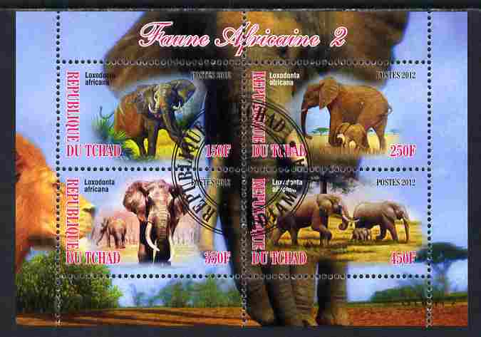 Chad 2012 African Fauna #02 perf sheetlet containing 4 values cto used, stamps on animals, stamps on elephants