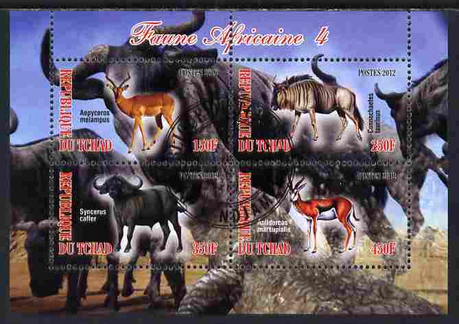 Chad 2012 African Fauna #04 perf sheetlet containing 4 values cto used, stamps on animals, stamps on antelope, stamps on bison, stamps on bovine, stamps on ovine, stamps on wildebeest