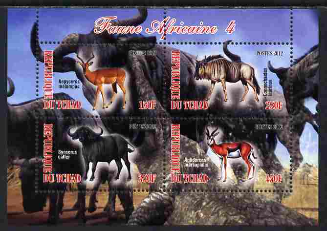 Chad 2012 African Fauna #04 perf sheetlet containing 4 values unmounted mint, stamps on animals, stamps on antelope, stamps on bison, stamps on bovine, stamps on ovine, stamps on wildebeest
