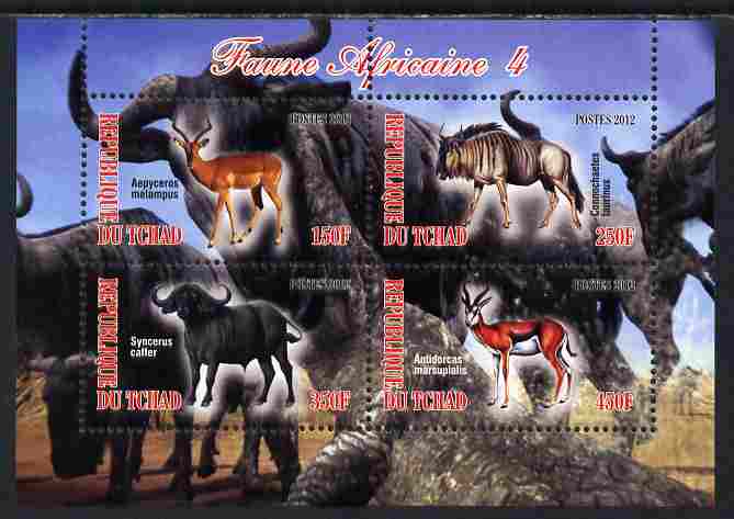 Chad 2012 African Fauna #04 perf sheetlet containing 4 values unmounted mint, stamps on , stamps on  stamps on animals, stamps on  stamps on antelope, stamps on  stamps on bison, stamps on  stamps on bovine, stamps on  stamps on ovine, stamps on  stamps on wildebeest