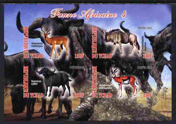 Chad 2012 African Fauna #04 imperf sheetlet containing 4 values unmounted mint, stamps on , stamps on  stamps on animals, stamps on  stamps on antelope, stamps on  stamps on bison, stamps on  stamps on bovine, stamps on  stamps on ovine, stamps on  stamps on wildebeest